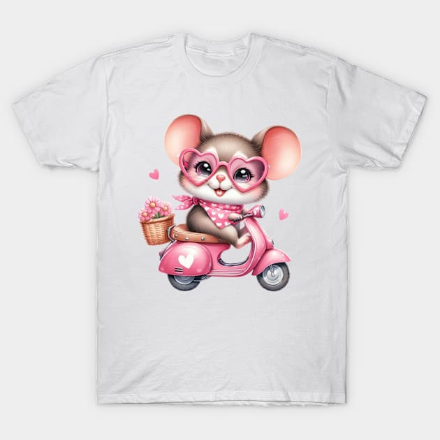 Valentine Mouse In Pink Scooter T-Shirt by Chromatic Fusion Studio